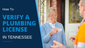 Older woman stands at front door while checking credentials card of a contractor in work gear, illustrating blog post “How to Verify A Plumbing License in Tennessee.”