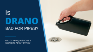 White and light blue title “Is Drano Bad for Pipes? And Other Questions & Answers About Drano” on dark blue background beside photo of a hand holding a small black plastic bottle over a drain with a clear fluid pouring into drain.