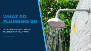 Light blue uppercase title “WHAT DO PLUMBERS DO” on dark blue background beside image of an outdoor showerhead on grey brick wall with tree leaves behind.