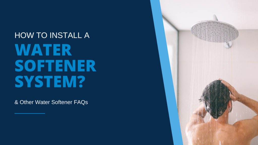 Large, silver shower head pours water down on shoulders and head of man washing his hair with his back to the camera, illustrating blog article, “How to Install a Water Softener System? & Other Water Softener FAQs.”