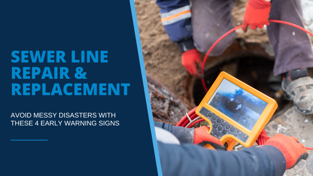 Sewer line repair plumber wearing orange gloves and grey coveralls runs a sewer line inspection camera down a pipe while viewing pipe interior on handheld screen