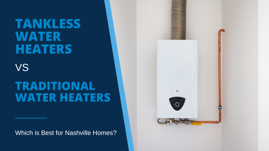 White tankless water heater mounted on white wall with copper pipe illustrating blog post “Tankless vs. Tank Water Heaters: Which is Best for Nashville Homes?”