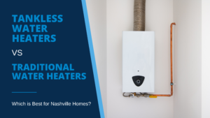 White tankless water heater mounted on white wall with copper pipe illustrating blog post “Tankless vs. Tank Water Heaters: Which is Best for Nashville Homes?”