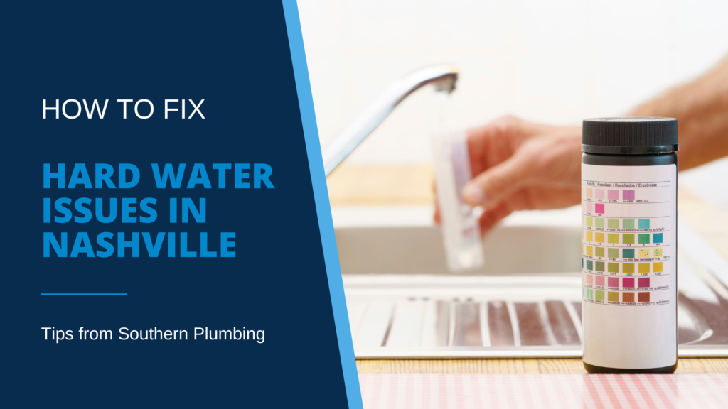 Water testing kit sits beside kitchen sink while hand in background collects water from faucet in glass tube, illustrating blog post “How to Fix Hard Water Issues in Nashville.”