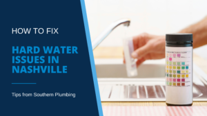 Water testing kit sits beside kitchen sink while hand in background collects water from faucet in glass tube, illustrating blog post “How to Fix Hard Water Issues in Nashville.”