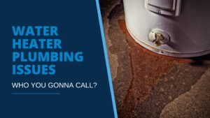 White hot water tank leaks brown water onto concrete floor, illustrating blog post “Water Heater Plumbing Issues: Who You Gonna Call?” for Nashville plumber, Southern Plumbing Works.
