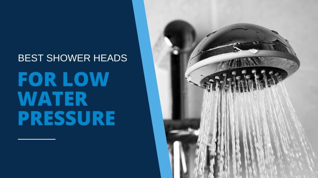 In front of a light grey tile shower wall is a silver chrome shower head with jets of water spraying out, illustrating blog post “Best Shower Heads for Low Water Pressure.”