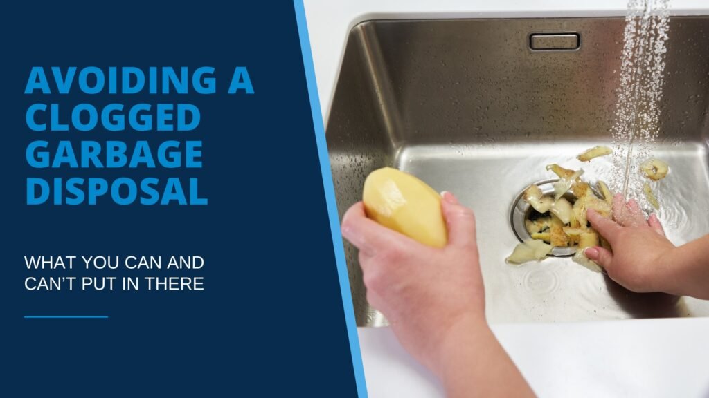 Hands over a sink holding a peeled potato and washing potato peels down the drain, illustrating blog post “Avoiding a Clogged Garbage Disposal.”