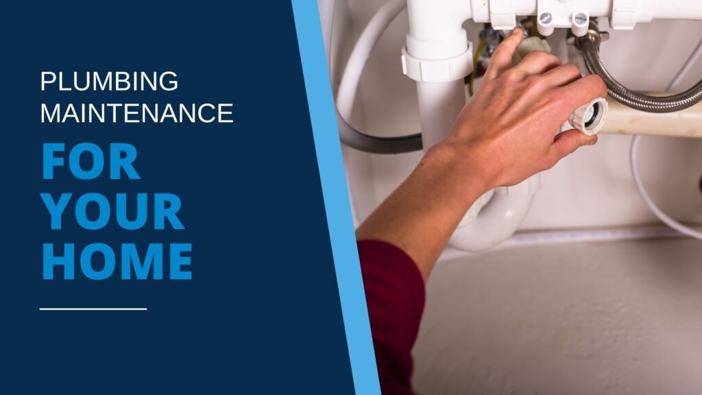 Hand extending from red seater sleeve is holding an undersink plumbing pipe checking for leaks, illustrating blog post “Plumbing Maintenance for Your Home.”