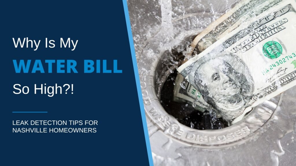 Close-up of 100-dollar bills getting flushed down a sink drain in a torrent of water, illustrating the blog post, “Why Is My Water Bill So High? Leak Detection Tips for Nashville Homeowners.”