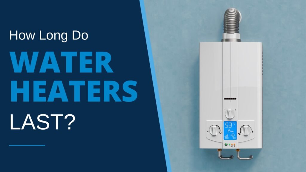 White tankless water heater mounted on blue mottled wall, illustrating blog post “How Long Do Water Heaters Last?”